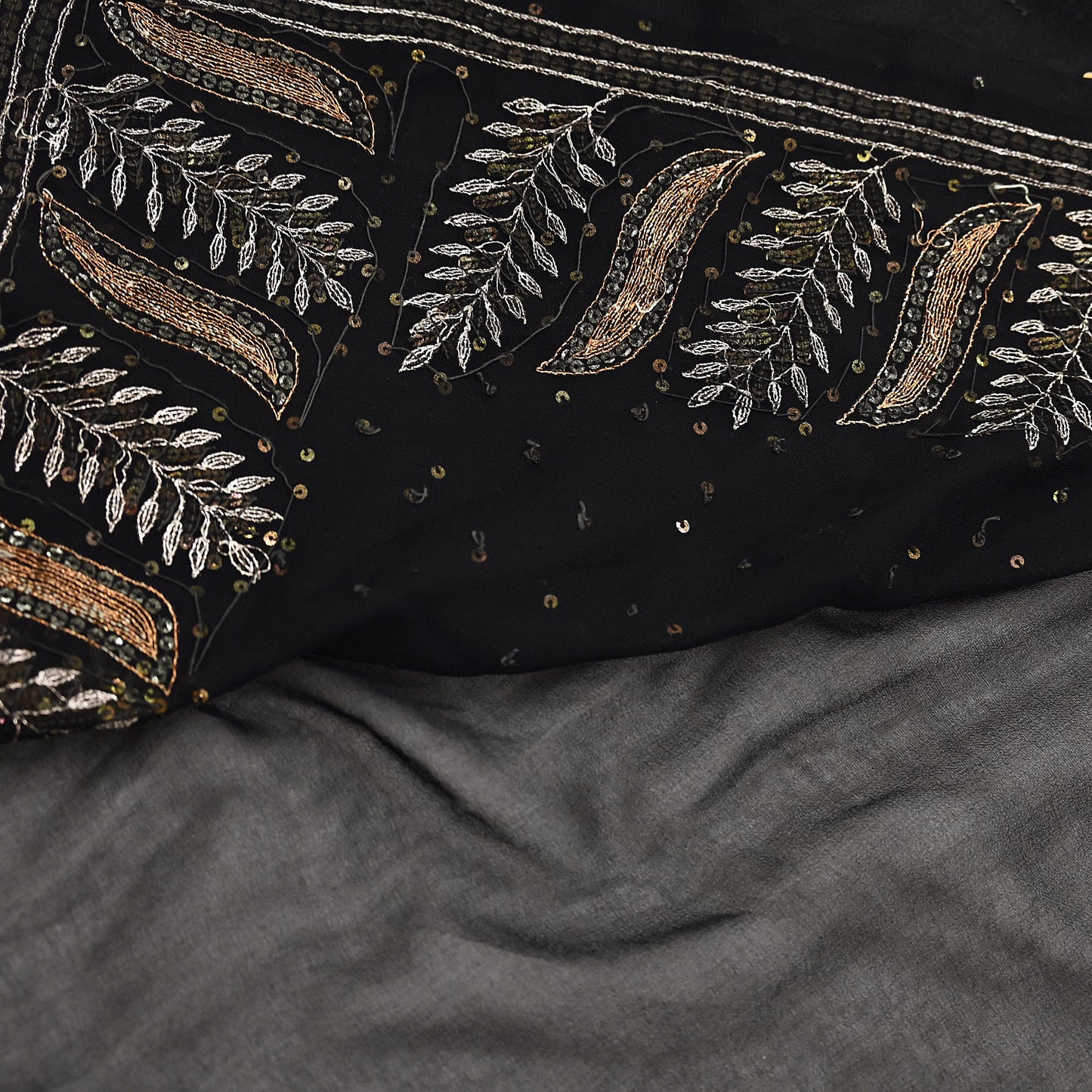 Indian Vintage Heavy Sari Black Pure Georgette Silk Hand Beaded Sarees Craft Fabric 5Yd Sewing Soft Ethnic Wedding Dress making