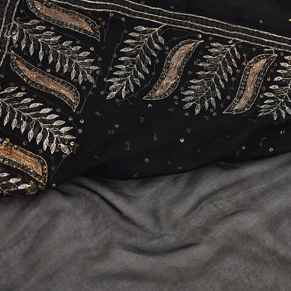 Indian Vintage Heavy Sari Black Pure Georgette Silk Hand Beaded Sarees Craft Fabric 5Yd Sewing Soft Ethnic Wedding Dress making