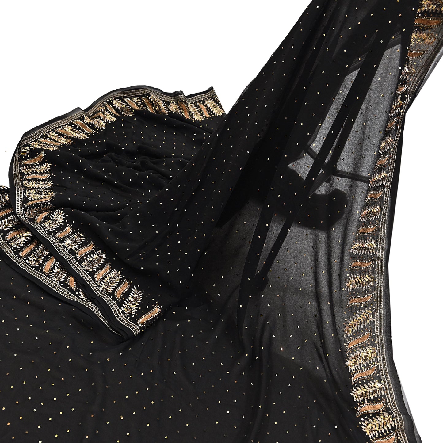 Indian Vintage Heavy Sari Black Pure Georgette Silk Hand Beaded Sarees Craft Fabric 5Yd Sewing Soft Ethnic Wedding Dress making