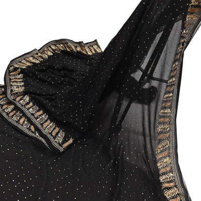 Indian Vintage Heavy Sari Black Pure Georgette Silk Hand Beaded Sarees Craft Fabric 5Yd Sewing Soft Ethnic Wedding Dress making