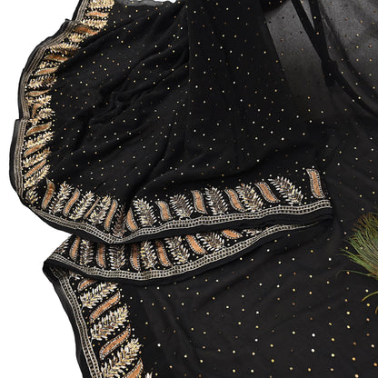Indian Vintage Heavy Sari Black Pure Georgette Silk Hand Beaded Sarees Craft Fabric 5Yd Sewing Soft Ethnic Wedding Dress making