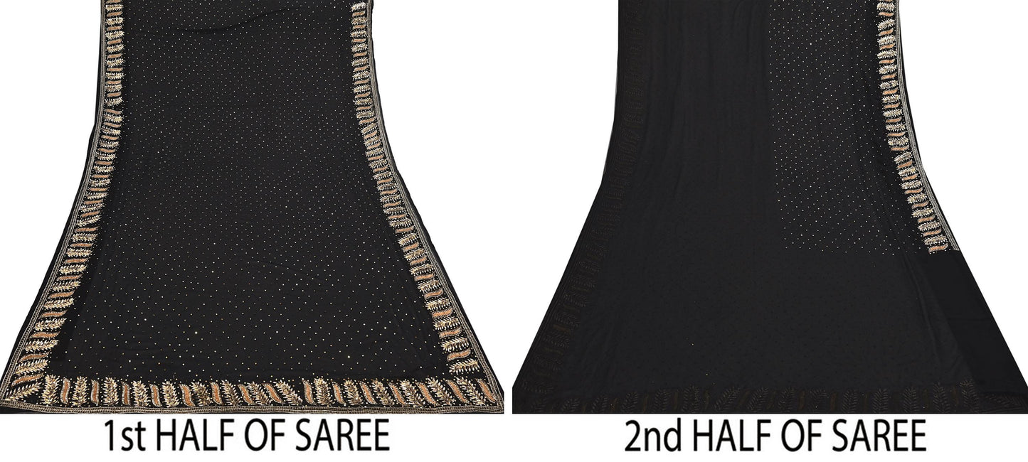 Indian Vintage Heavy Sari Black Pure Georgette Silk Hand Beaded Sarees Craft Fabric 5Yd Sewing Soft Ethnic Wedding Dress making