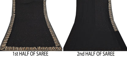 Indian Vintage Heavy Sari Black Pure Georgette Silk Hand Beaded Sarees Craft Fabric 5Yd Sewing Soft Ethnic Wedding Dress making