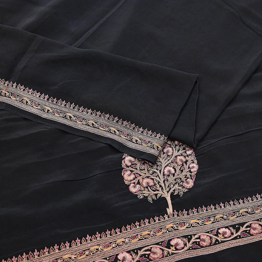 Indian Vintage Black Dupatta Long Stole Pure Crepe Silk Hand Embroidered Scarves Veil Scarf Wrap Hippie Boho