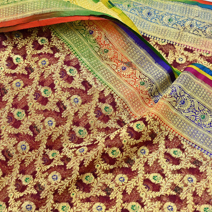 Indian Vintage Sari Heavy Maroon Pure Organza Silk Woven Brocade Banarasi Sarees Zari 5Yd Ethnic Fabric Dress Making Wedding Sarees