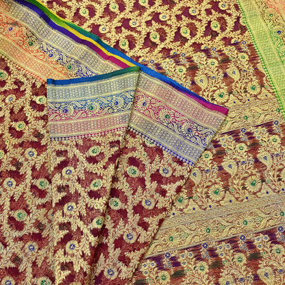 Indian Vintage Sari Heavy Maroon Pure Organza Silk Woven Brocade Banarasi Sarees Zari 5Yd Ethnic Fabric Dress Making Wedding Sarees
