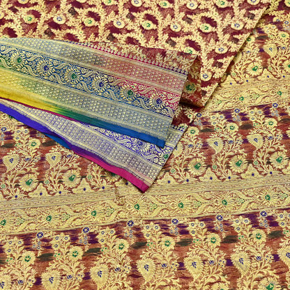 Indian Vintage Sari Heavy Maroon Pure Organza Silk Woven Brocade Banarasi Sarees Zari 5Yd Ethnic Fabric Dress Making Wedding Sarees