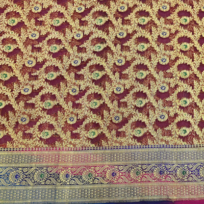 Indian Vintage Sari Heavy Maroon Pure Organza Silk Woven Brocade Banarasi Sarees Zari 5Yd Ethnic Fabric Dress Making Wedding Sarees