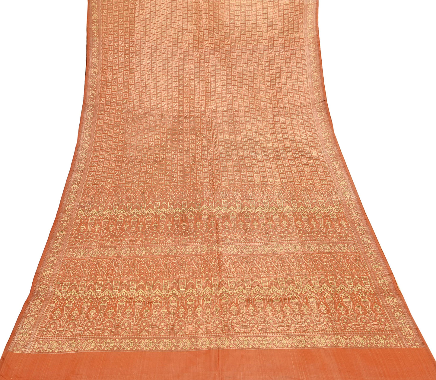 Indian Vintage Orange Banarasi Brocade Saree Heavy Zari Woven Pure Silk Fabric Crafting Quilting Dress making