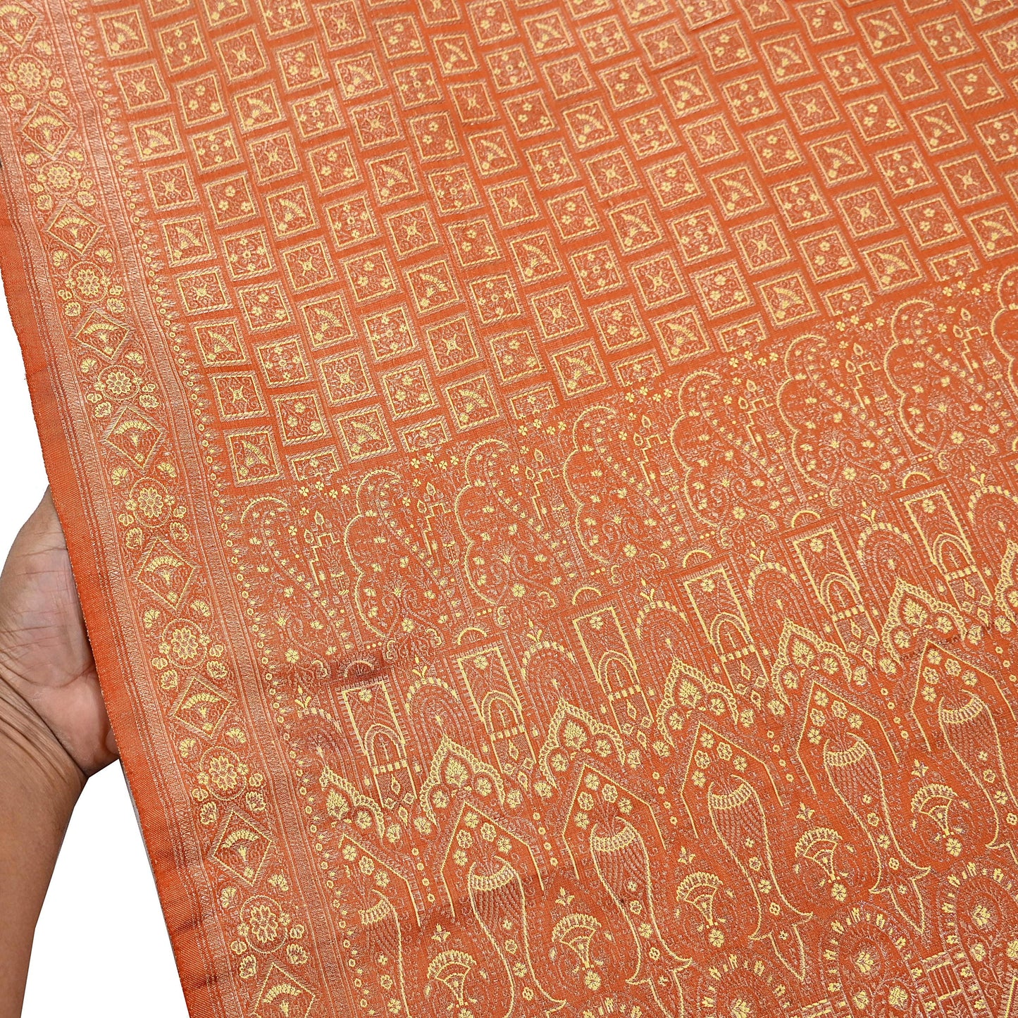 Indian Vintage Orange Banarasi Brocade Saree Heavy Zari Woven Pure Silk Fabric Crafting Quilting Dress making
