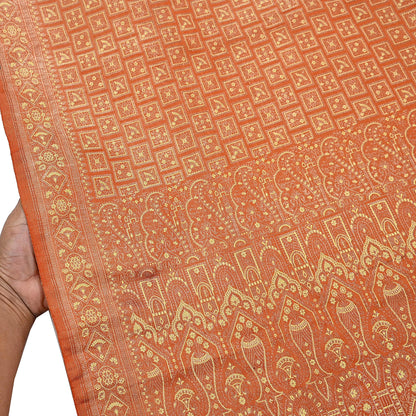 Indian Vintage Orange Banarasi Brocade Saree Heavy Zari Woven Pure Silk Fabric Crafting Quilting Dress making