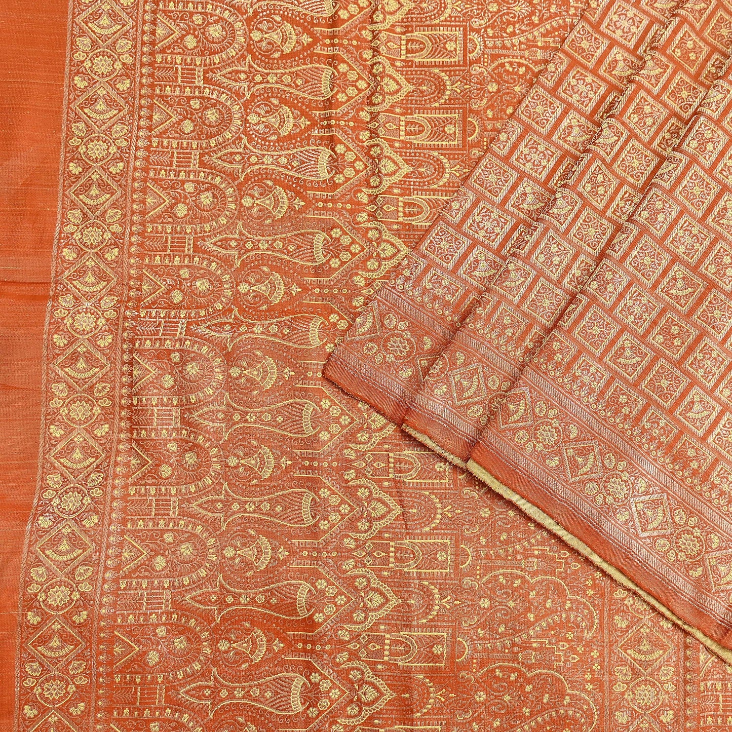 Indian Vintage Orange Banarasi Brocade Saree Heavy Zari Woven Pure Silk Fabric Crafting Quilting Dress making