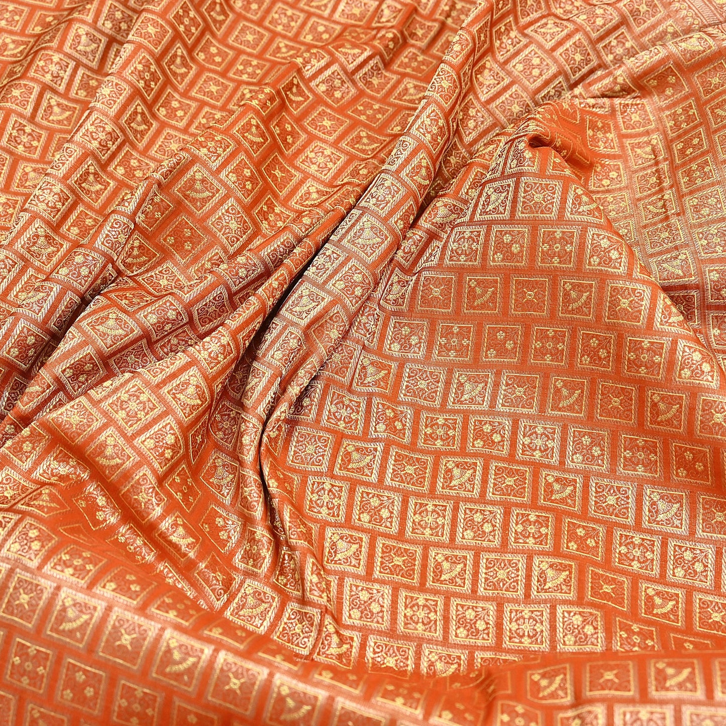 Indian Vintage Orange Banarasi Brocade Saree Heavy Zari Woven Pure Silk Fabric Crafting Quilting Dress making
