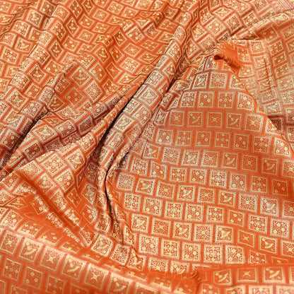 Indian Vintage Orange Banarasi Brocade Saree Heavy Zari Woven Pure Silk Fabric Crafting Quilting Dress making