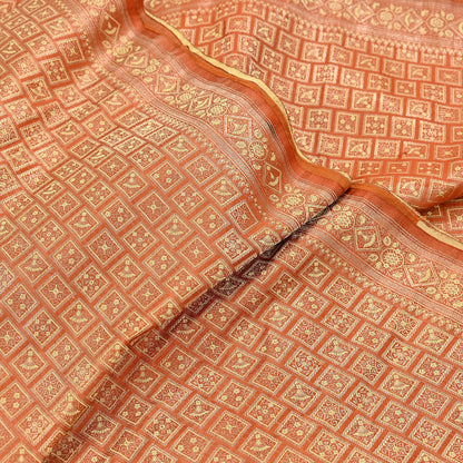Indian Vintage Orange Banarasi Brocade Saree Heavy Zari Woven Pure Silk Fabric Crafting Quilting Dress making