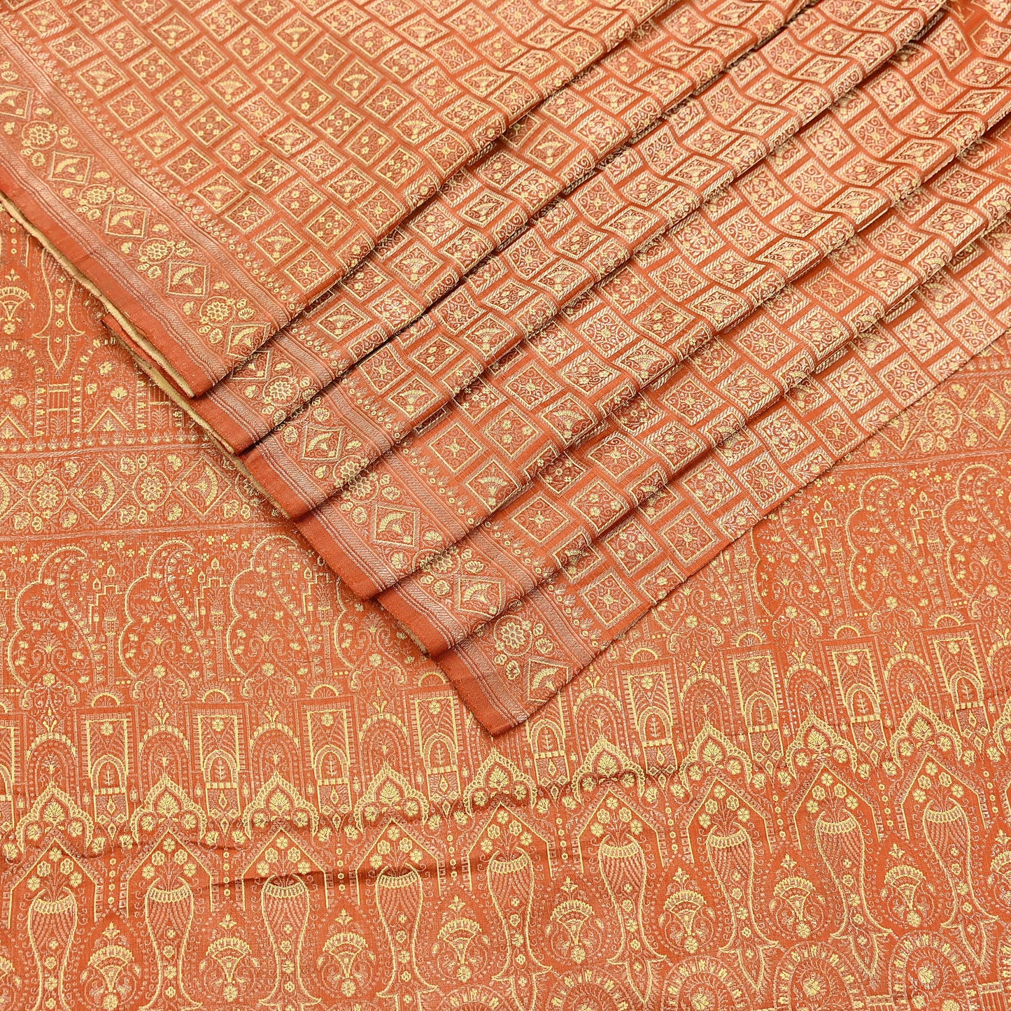 Indian Vintage Orange Banarasi Brocade Saree Heavy Zari Woven Pure Silk Fabric Crafting Quilting Dress making