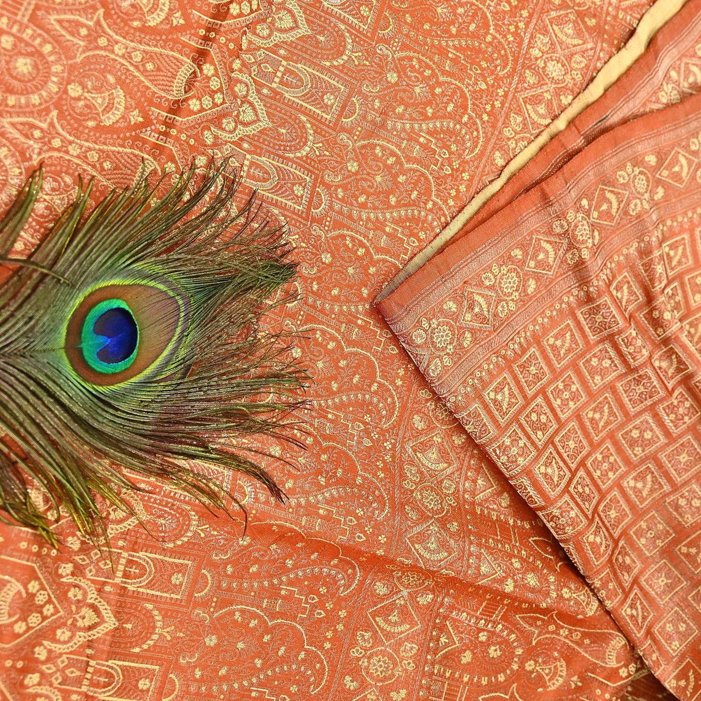 Indian Vintage Orange Banarasi Brocade Saree Heavy Zari Woven Pure Silk Fabric Crafting Quilting Dress making