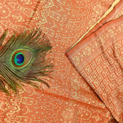 Indian Vintage Orange Banarasi Brocade Saree Heavy Zari Woven Pure Silk Fabric Crafting Quilting Dress making