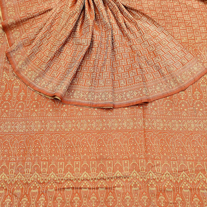 Indian Vintage Orange Banarasi Brocade Saree Heavy Zari Woven Pure Silk Fabric Crafting Quilting Dress making