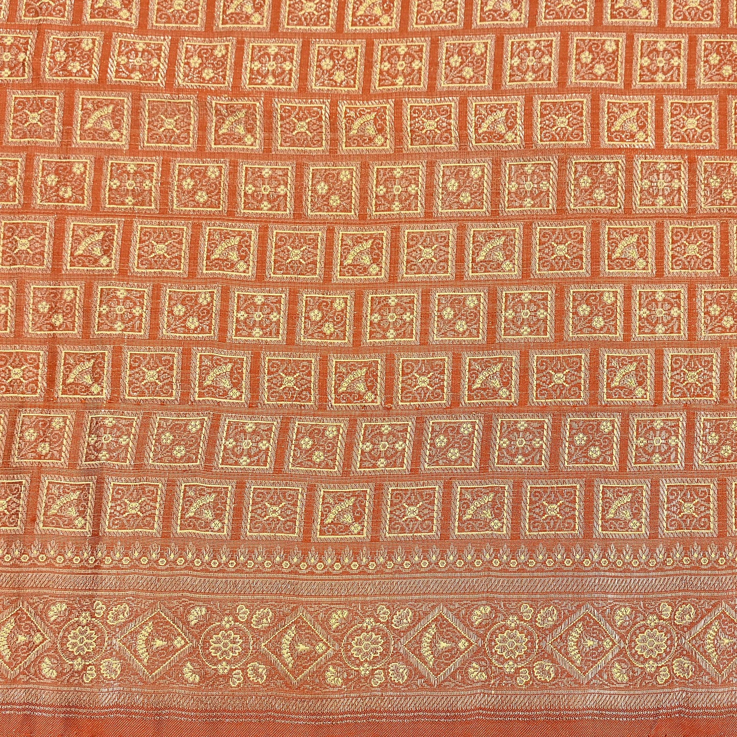 Indian Vintage Orange Banarasi Brocade Saree Heavy Zari Woven Pure Silk Fabric Crafting Quilting Dress making