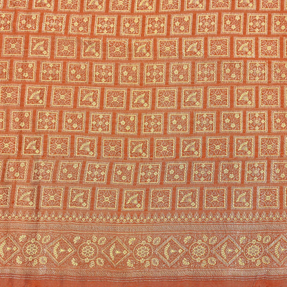 Indian Vintage Orange Banarasi Brocade Saree Heavy Zari Woven Pure Silk Fabric Crafting Quilting Dress making