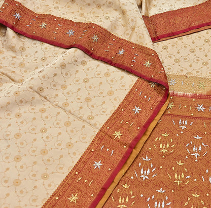 Indian Vintage Beige & Maroon Heavy Wedding Saree Pure Satin Silk Hand Embroidered Tanchoi Banarsi Sari Zari/Zardozi/Dabka 5Yd Dressmaking
