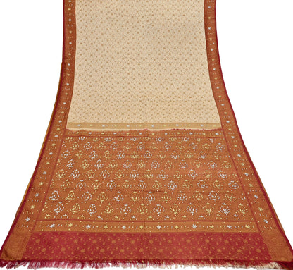 Indian Vintage Beige & Maroon Heavy Wedding Saree Pure Satin Silk Hand Embroidered Tanchoi Banarsi Sari Zari/Zardozi/Dabka 5Yd Dressmaking