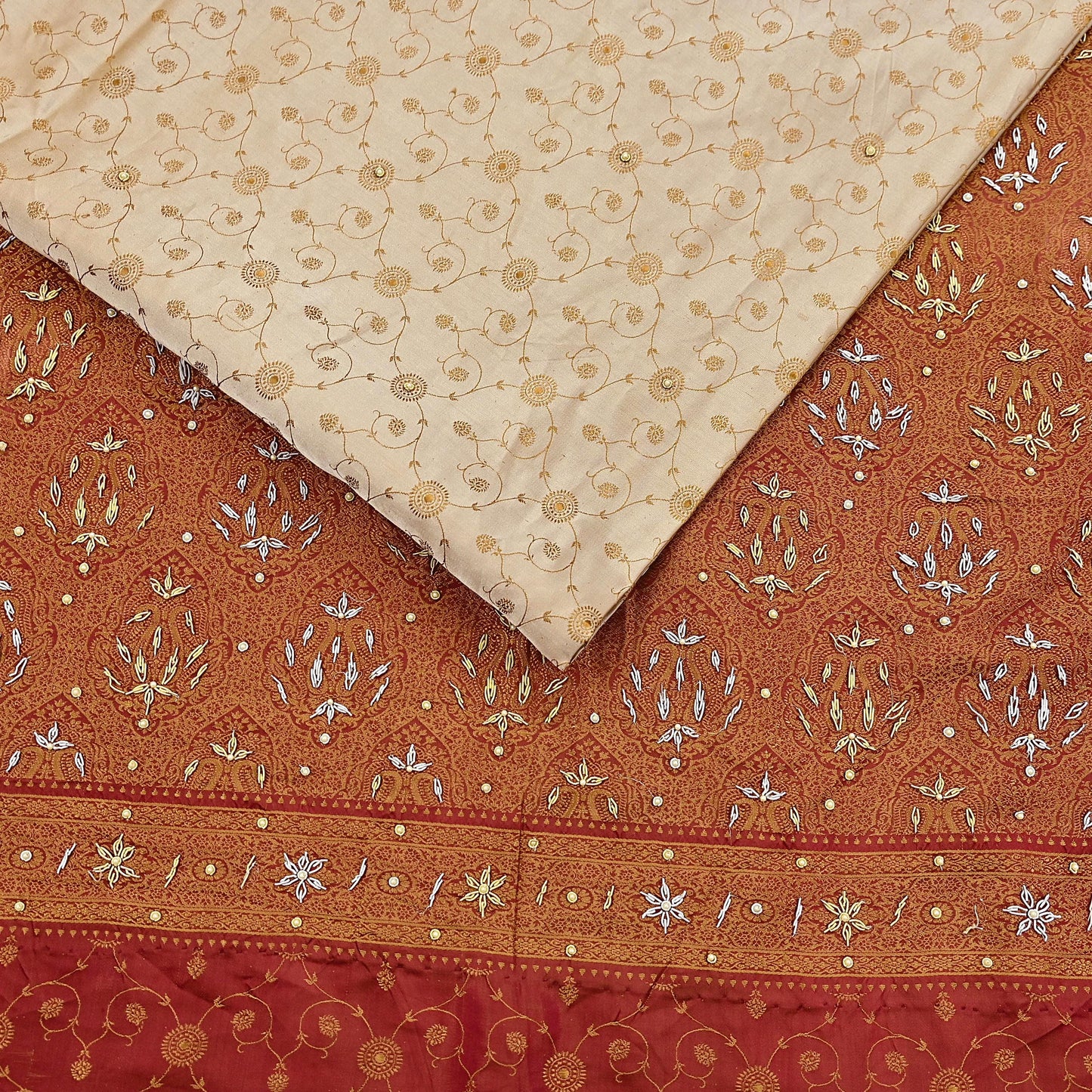 Indian Vintage Beige & Maroon Heavy Wedding Saree Pure Satin Silk Hand Embroidered Tanchoi Banarsi Sari Zari/Zardozi/Dabka 5Yd Dressmaking