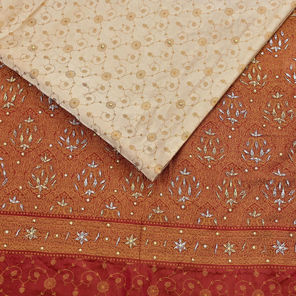 Indian Vintage Beige & Maroon Heavy Wedding Saree Pure Satin Silk Hand Embroidered Tanchoi Banarsi Sari Zari/Zardozi/Dabka 5Yd Dressmaking