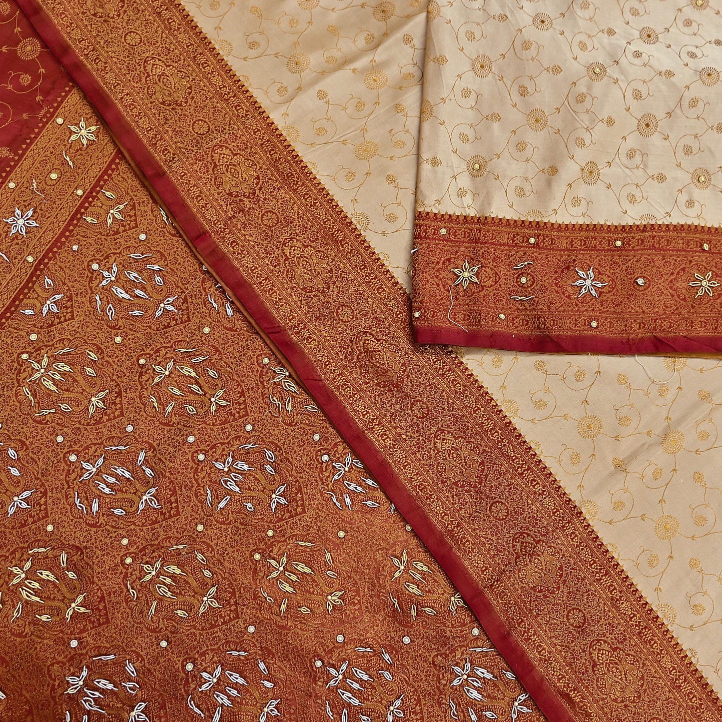 Indian Vintage Beige & Maroon Heavy Wedding Saree Pure Satin Silk Hand Embroidered Tanchoi Banarsi Sari Zari/Zardozi/Dabka 5Yd Dressmaking