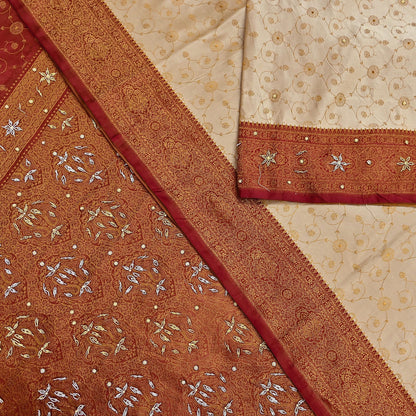 Indian Vintage Beige & Maroon Heavy Wedding Saree Pure Satin Silk Hand Embroidered Tanchoi Banarsi Sari Zari/Zardozi/Dabka 5Yd Dressmaking