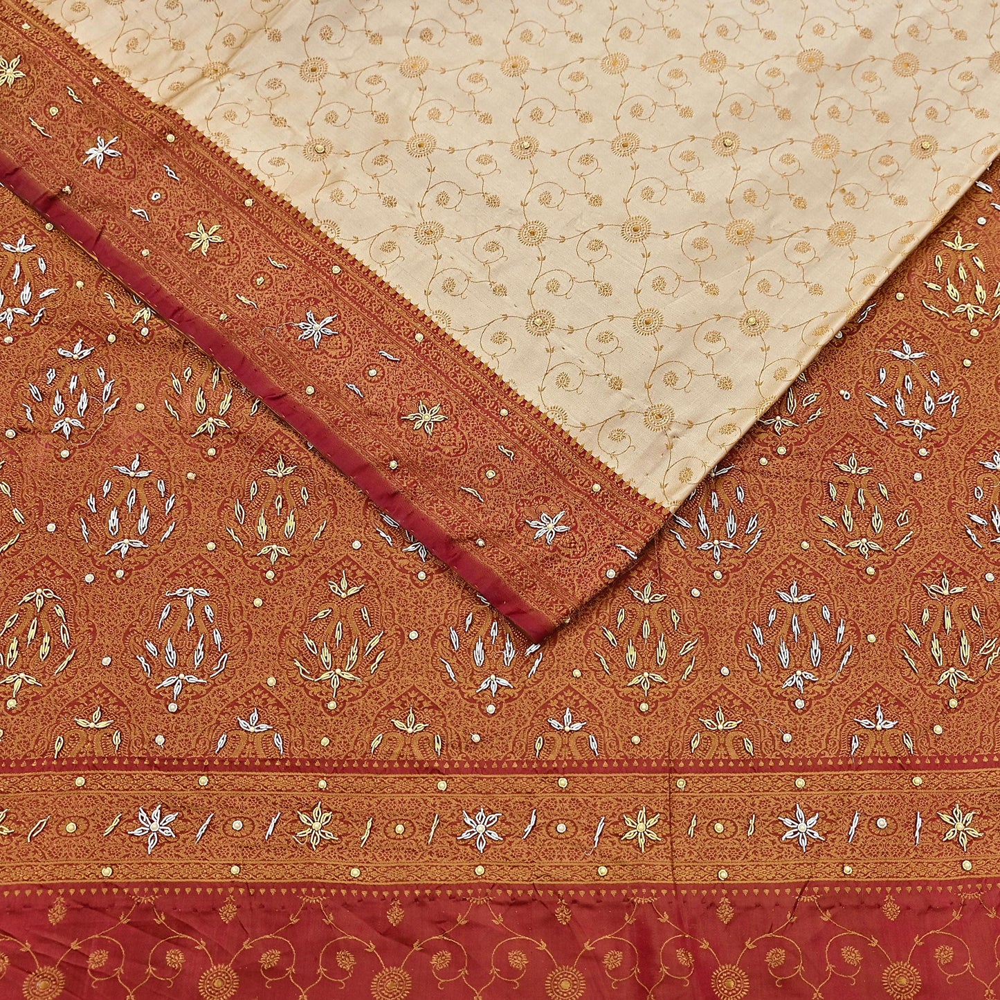 Indian Vintage Beige & Maroon Heavy Wedding Saree Pure Satin Silk Hand Embroidered Tanchoi Banarsi Sari Zari/Zardozi/Dabka 5Yd Dressmaking