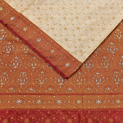 Indian Vintage Beige & Maroon Heavy Wedding Saree Pure Satin Silk Hand Embroidered Tanchoi Banarsi Sari Zari/Zardozi/Dabka 5Yd Dressmaking