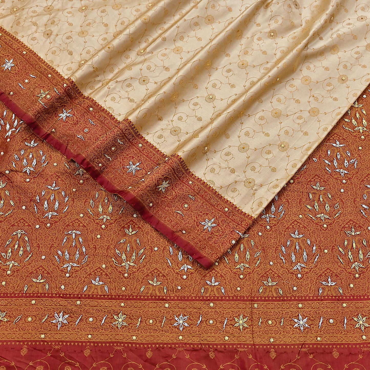 Indian Vintage Beige & Maroon Heavy Wedding Saree Pure Satin Silk Hand Embroidered Tanchoi Banarsi Sari Zari/Zardozi/Dabka 5Yd Dressmaking