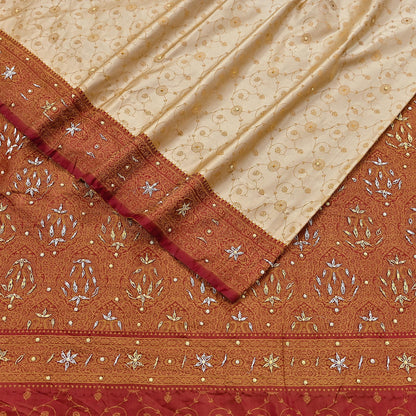 Indian Vintage Beige & Maroon Heavy Wedding Saree Pure Satin Silk Hand Embroidered Tanchoi Banarsi Sari Zari/Zardozi/Dabka 5Yd Dressmaking