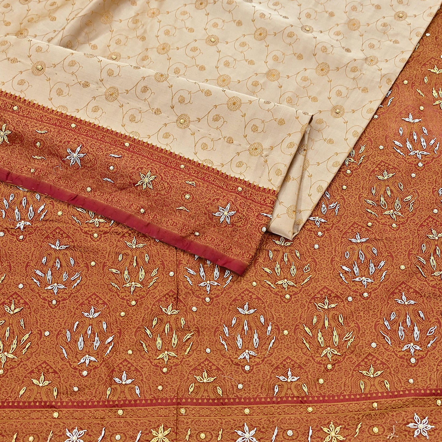 Indian Vintage Beige & Maroon Heavy Wedding Saree Pure Satin Silk Hand Embroidered Tanchoi Banarsi Sari Zari/Zardozi/Dabka 5Yd Dressmaking