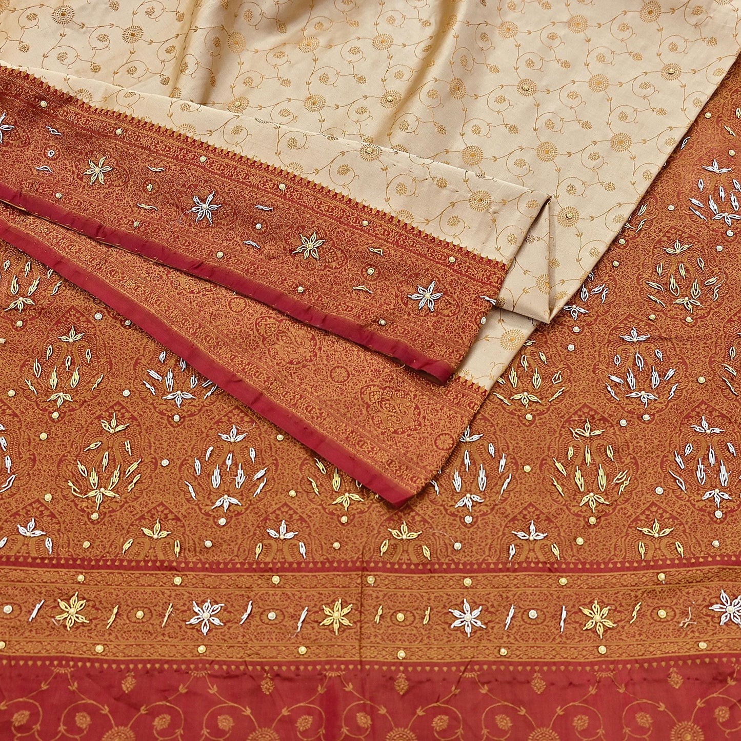 Indian Vintage Beige & Maroon Heavy Wedding Saree Pure Satin Silk Hand Embroidered Tanchoi Banarsi Sari Zari/Zardozi/Dabka 5Yd Dressmaking