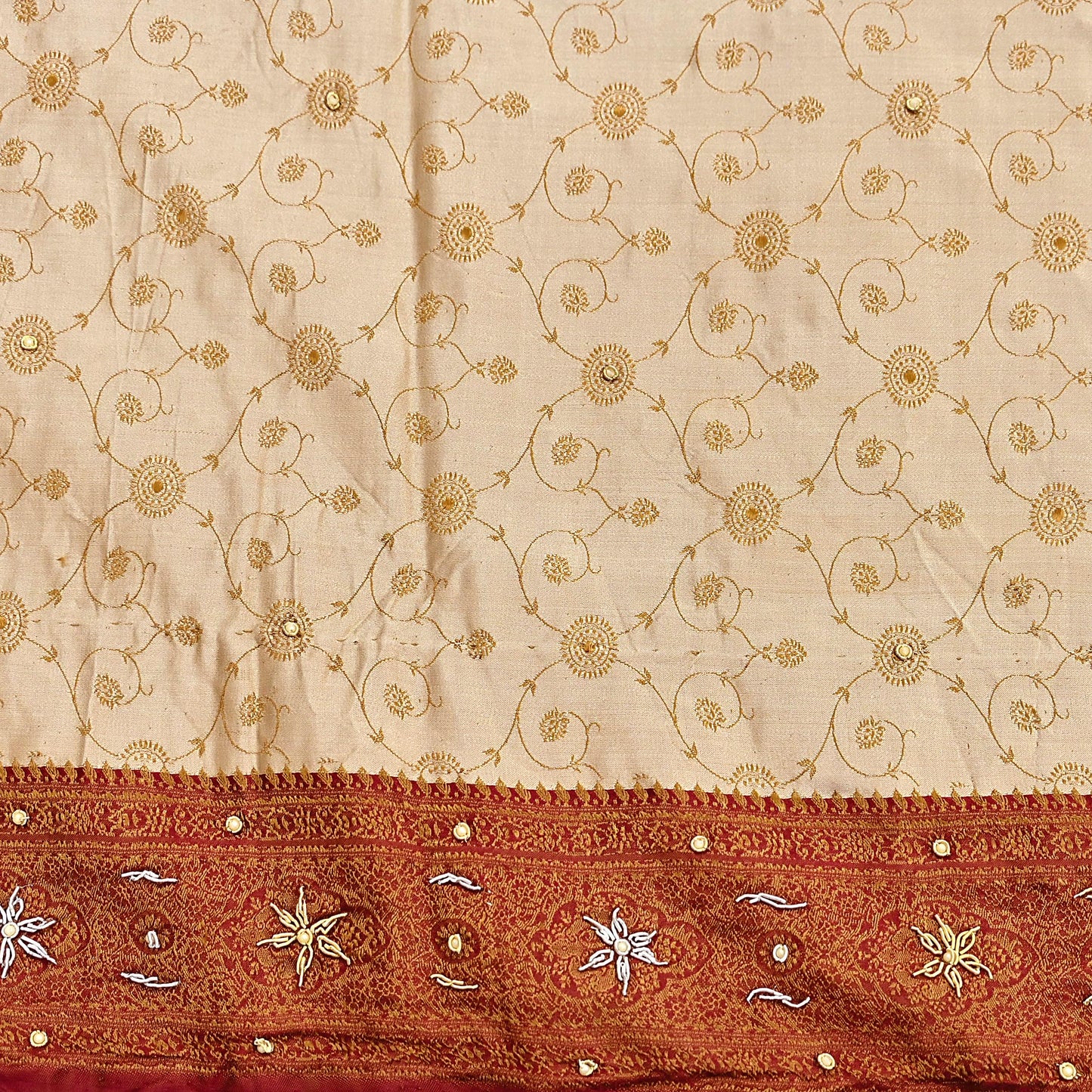 Indian Vintage Beige & Maroon Heavy Wedding Saree Pure Satin Silk Hand Embroidered Tanchoi Banarsi Sari Zari/Zardozi/Dabka 5Yd Dressmaking