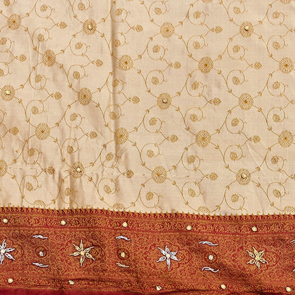 Indian Vintage Beige & Maroon Heavy Wedding Saree Pure Satin Silk Hand Embroidered Tanchoi Banarsi Sari Zari/Zardozi/Dabka 5Yd Dressmaking
