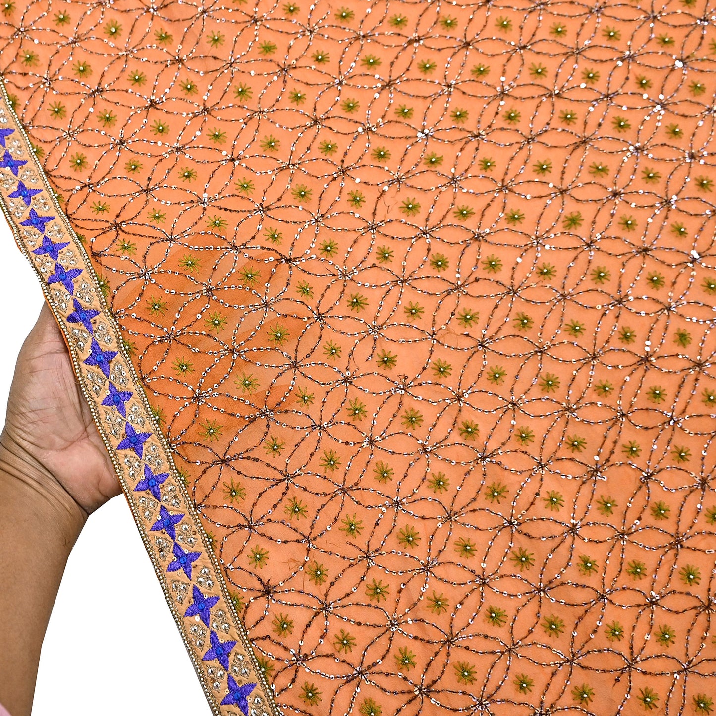 Indian Vintage Heavy Saffron Dupatta Pure Georgette Silk Long Stole Hand Embroidered Scarf Zardozi/Dabka Wedding red Hijab veil Boho