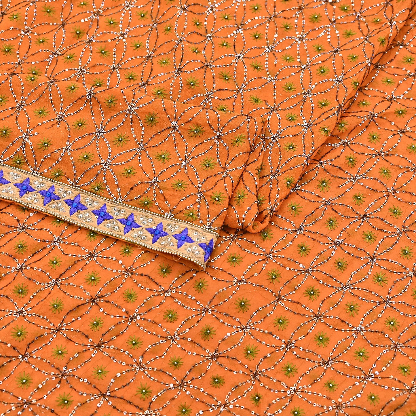 Indian Vintage Heavy Saffron Dupatta Pure Georgette Silk Long Stole Hand Embroidered Scarf Zardozi/Dabka Wedding red Hijab veil Boho