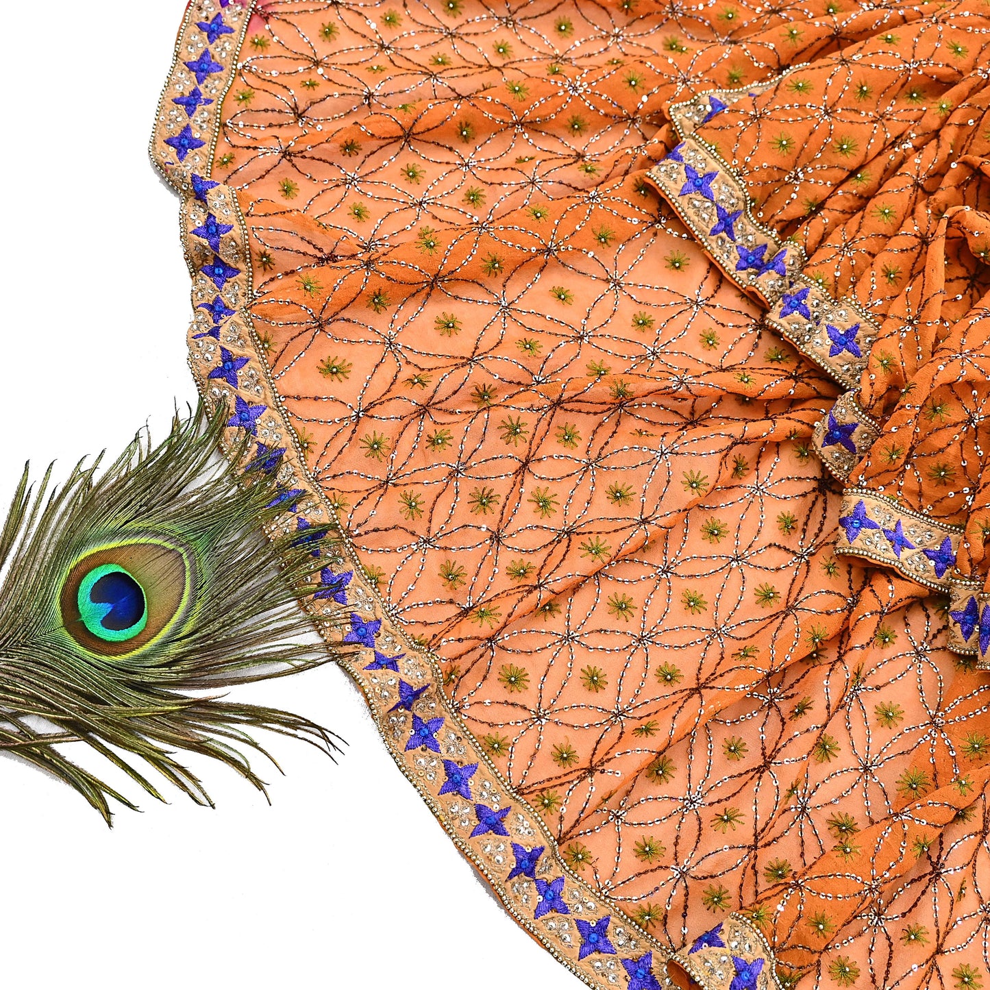 Indian Vintage Heavy Saffron Dupatta Pure Georgette Silk Long Stole Hand Embroidered Scarf Zardozi/Dabka Wedding red Hijab veil Boho