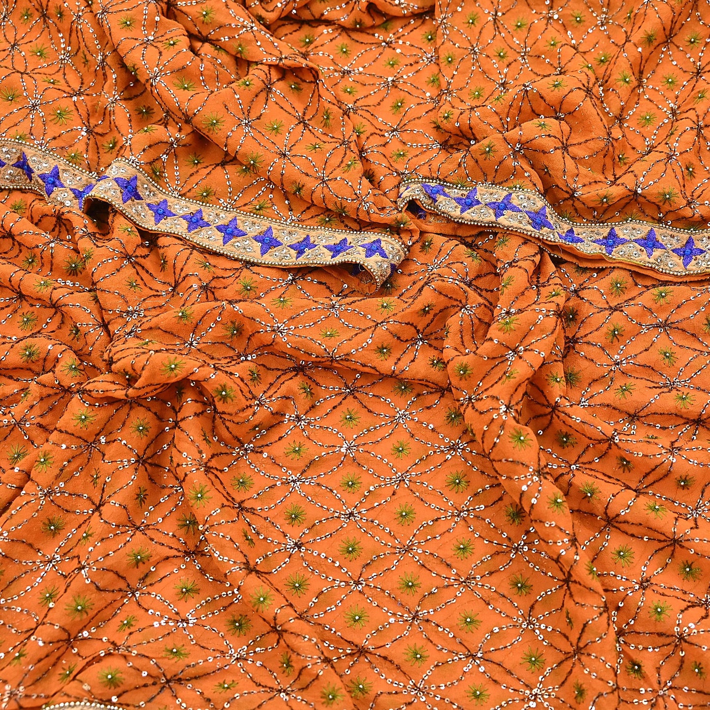 Indian Vintage Heavy Saffron Dupatta Pure Georgette Silk Long Stole Hand Embroidered Scarf Zardozi/Dabka Wedding red Hijab veil Boho