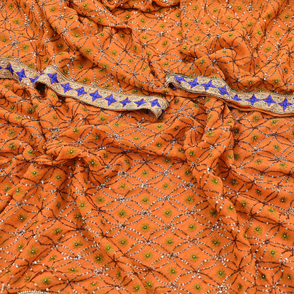 Indian Vintage Heavy Saffron Dupatta Pure Georgette Silk Long Stole Hand Embroidered Scarf Zardozi/Dabka Wedding red Hijab veil Boho