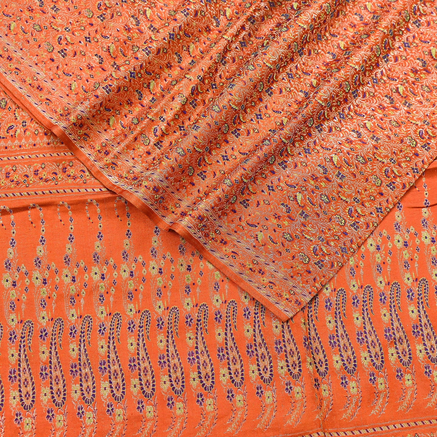 Indian Vintage Dupatta Orange Long Stole Pure Satin silk Woven Brocade Banarasi Scarves Veil Scarf Wrap Hippie Boho Soft Floral Zari
