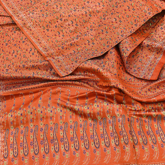 Indian Vintage Dupatta Orange Long Stole Pure Satin silk Woven Brocade Banarasi Scarves Veil Scarf Wrap Hippie Boho Soft Floral Zari