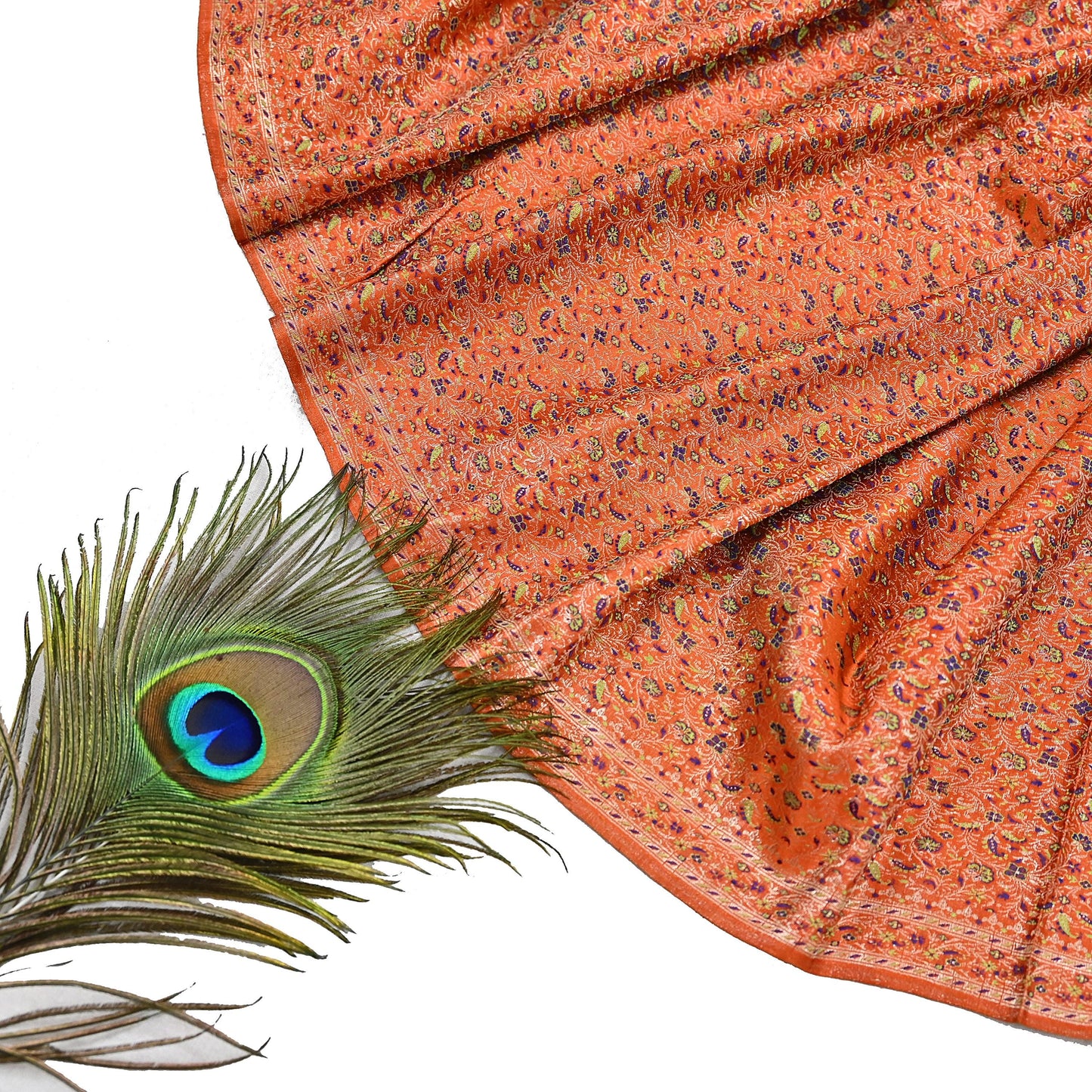 Indian Vintage Dupatta Orange Long Stole Pure Satin silk Woven Brocade Banarasi Scarves Veil Scarf Wrap Hippie Boho Soft Floral Zari