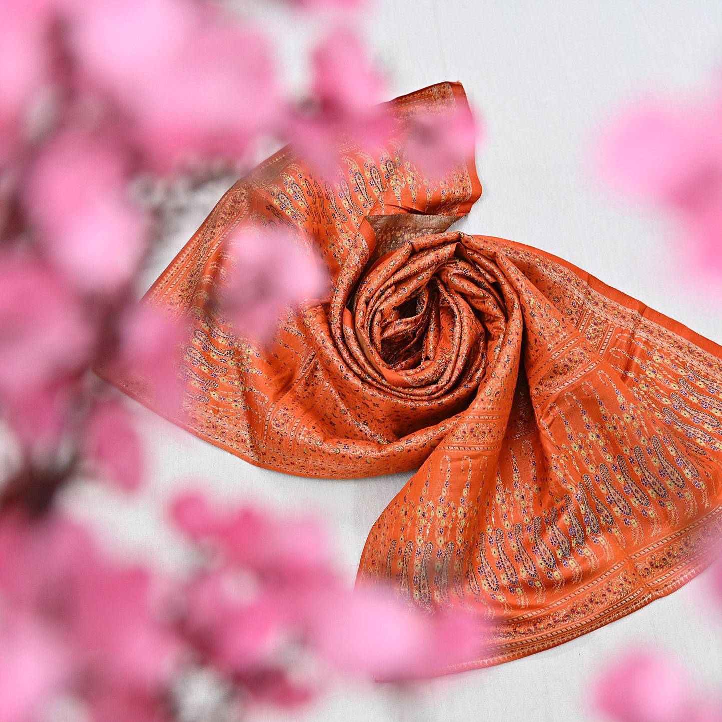 Indian Vintage Dupatta Orange Long Stole Pure Satin silk Woven Brocade Banarasi Scarves Veil Scarf Wrap Hippie Boho Soft Floral Zari