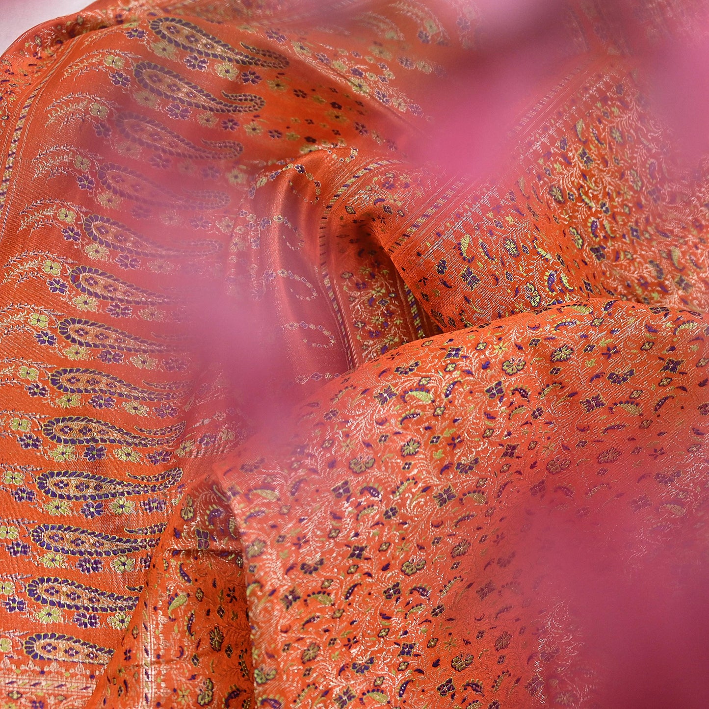 Indian Vintage Dupatta Orange Long Stole Pure Satin silk Woven Brocade Banarasi Scarves Veil Scarf Wrap Hippie Boho Soft Floral Zari