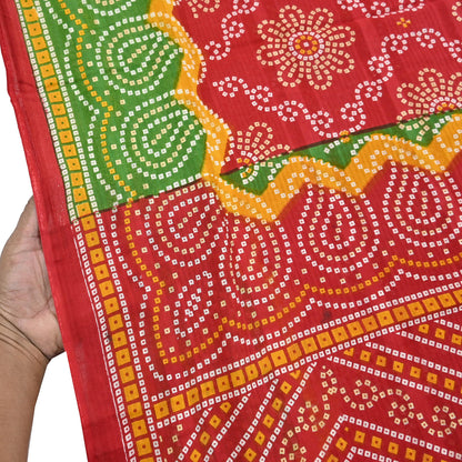 Indian Vintage Sari Red & Green Pure Cotton Bandhani Printed Sarees Fabric 5yd Sewing Craft Fabric DressMaking Soft Crafting Quilting